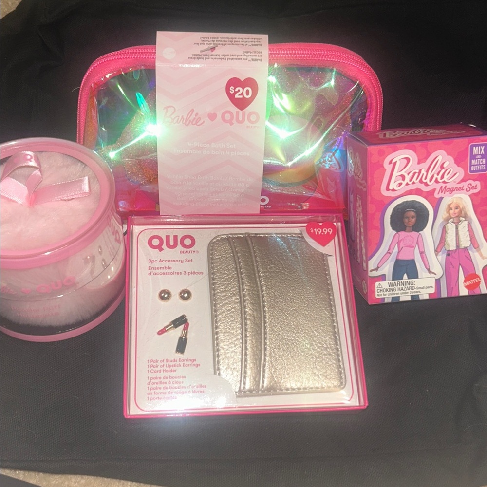 Barbie Quo Pink Gift Bath lot bundle Magnet Puff wallet card earring valentines - Picture 5 of 8